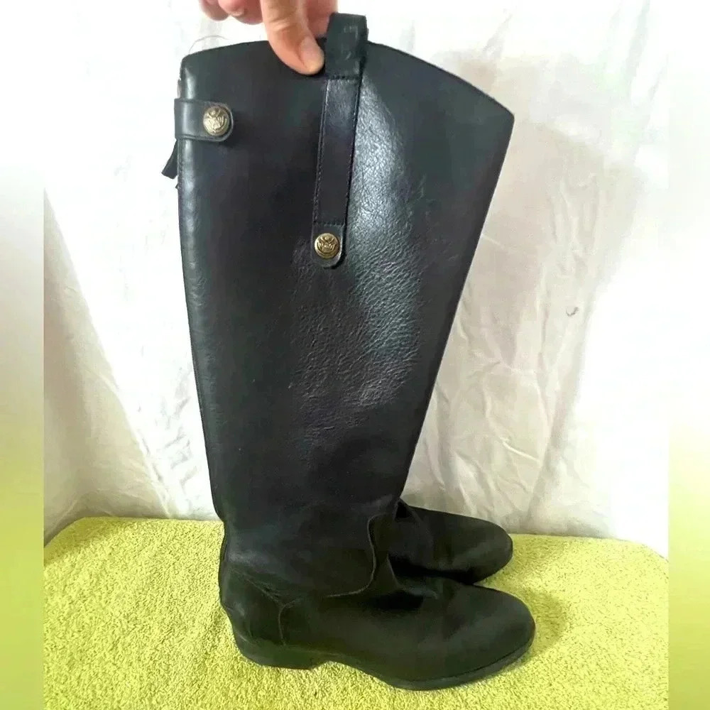 Sam Edelman Women's Sz 7.5 Tall Leather Equestrian Boots Black Zip Back Snaps‎